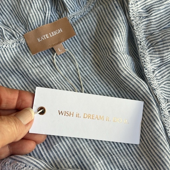 Kate Leigh Blue Linen Stripe Railroad Mini Wrap Dress Size Large NWT - Picture 6 of 10